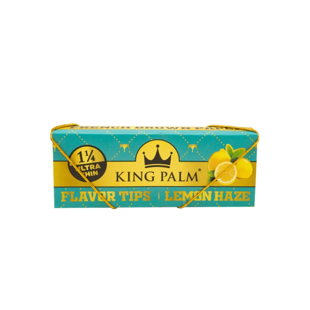 King Palm Papers & Flavor Tips Lemon Haze 1¼ Size Ultra Thin – längliches Booklet in Türkis-Gold mit Zitronenillustration und goldenem Zugband, French Brown Paper